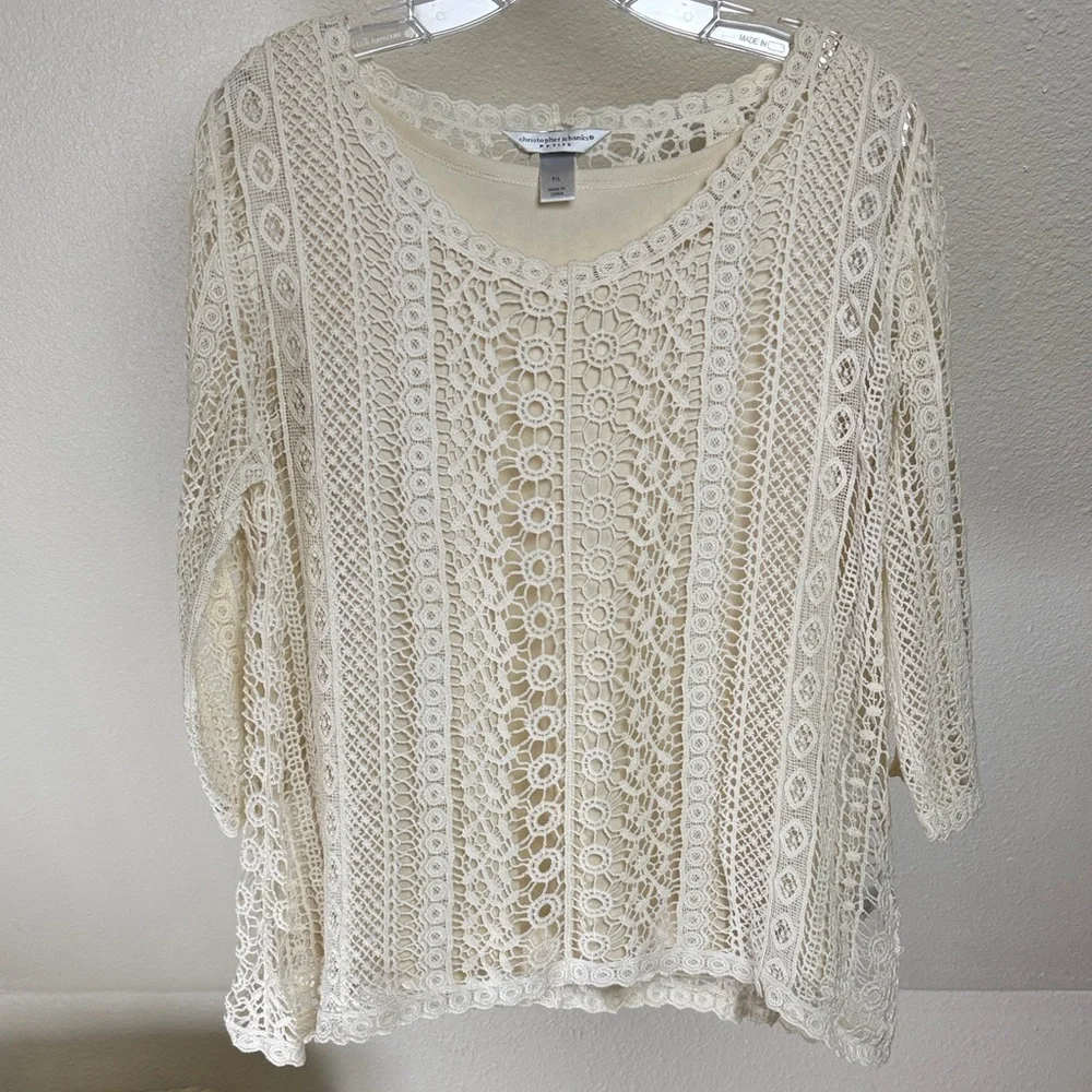 CHRISTOPHER & BANKS Crocheted Blouse w/Tank Lining. Cream